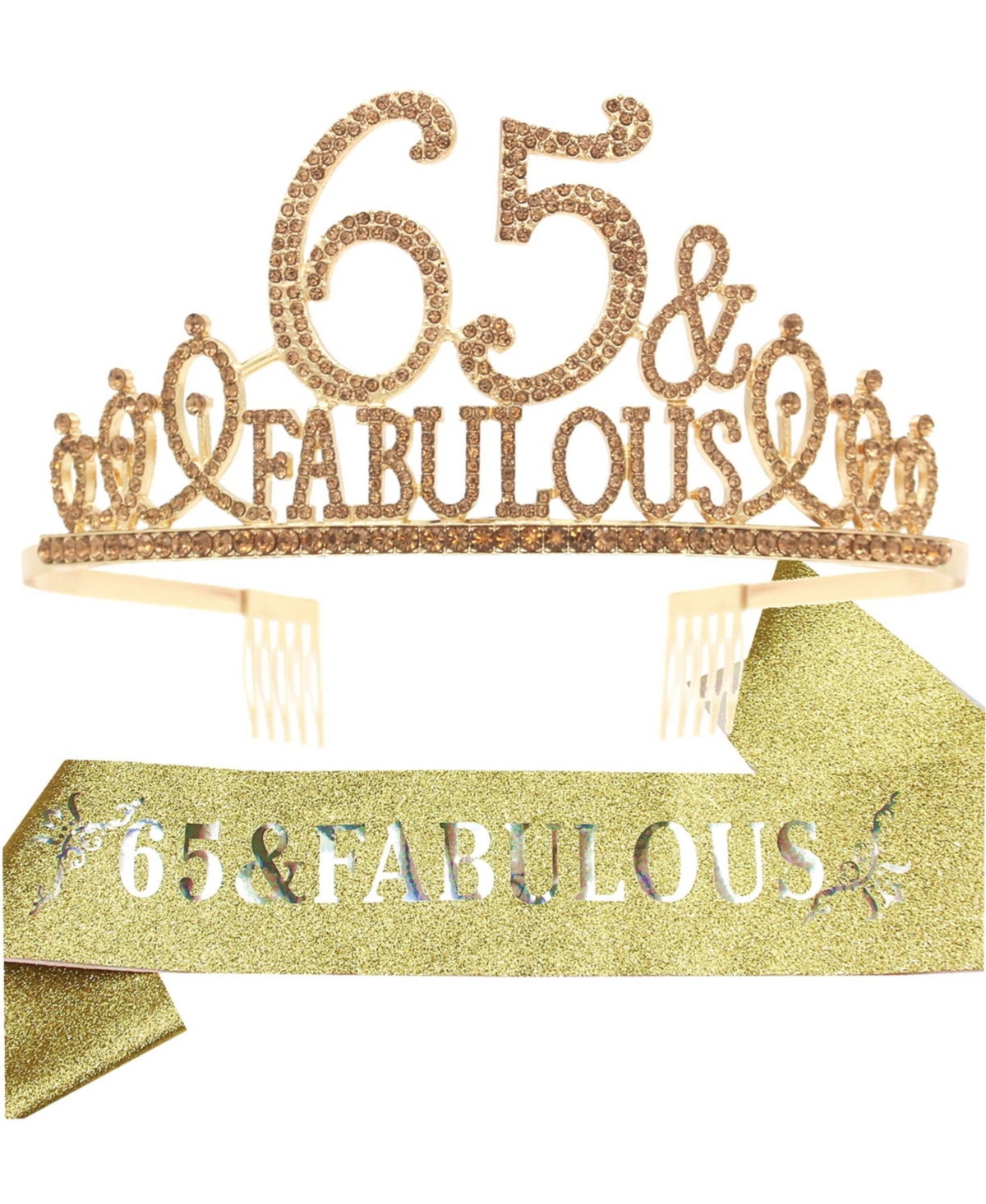 65th Birthday Sash and Tiara for Women - Fabulous Glitter Sash + Fabulous Rhinestone Gold Premium Metal Tiara for Her, 65th Birthday Gifts for 65 Part