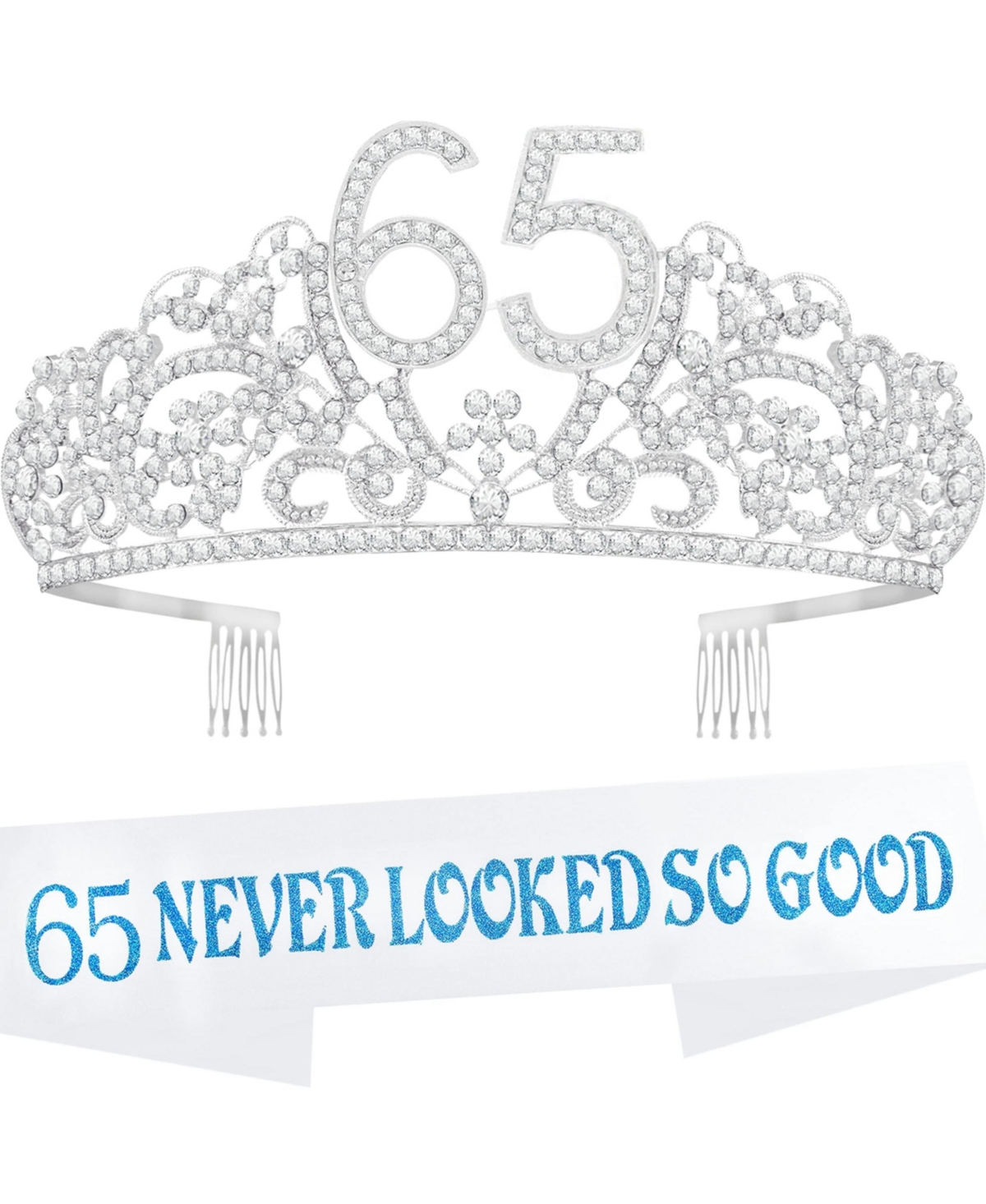 VeryMerryMakering 65th Birthday Sash and Tiara for Women - Fabulous Glitter Sash + Flowers Rhinestone Silver Premium Metal Tiara for Her, 65th Birthda
