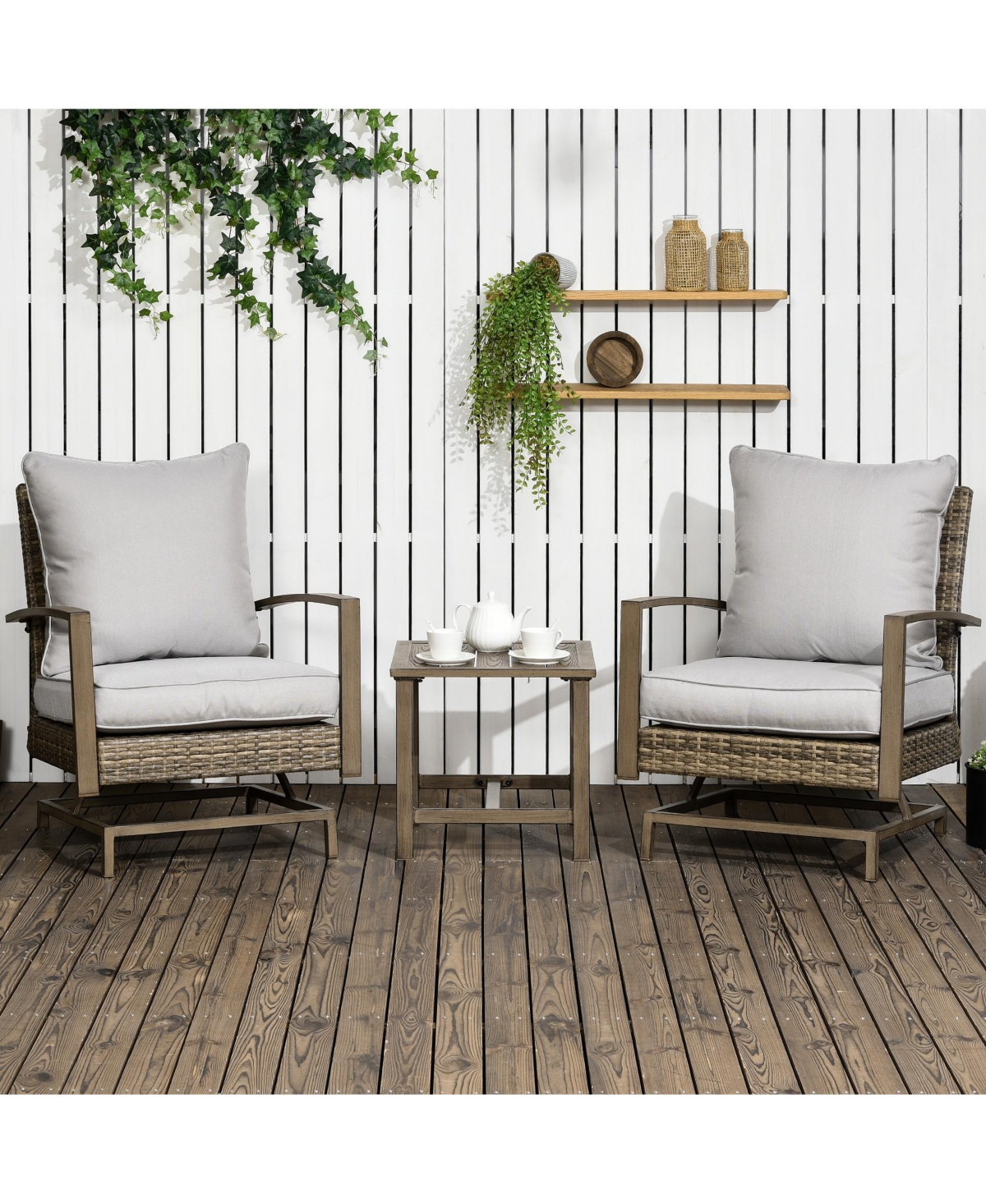Outsunny 3-Piece Patio Bistro Set, Pe Rattan Wicker Outdoor Furniture with Soft Cushions, 2 Armchairs, Slatted Coffee Table for Porch, Backyard, Garde