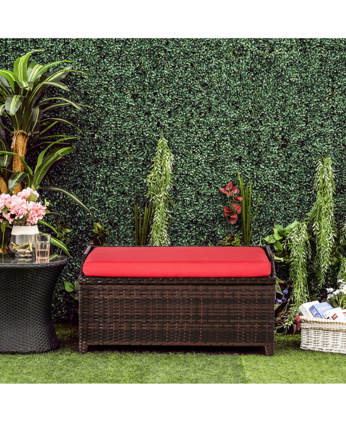 Outsunny Pe Rat Patio Storage Bench w/ Interior Waterproof Cloth Bag