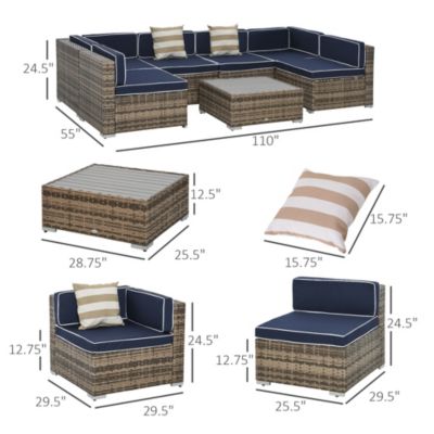 7pc Sectional Wicker Patio Furniture, Stripe,