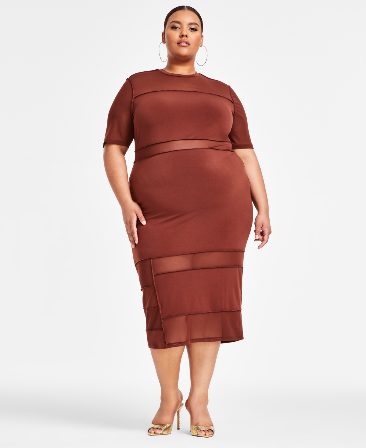 Nina Parker Trendy Plus Size Short-sleeve Midi Mesh Dress In Chocolate