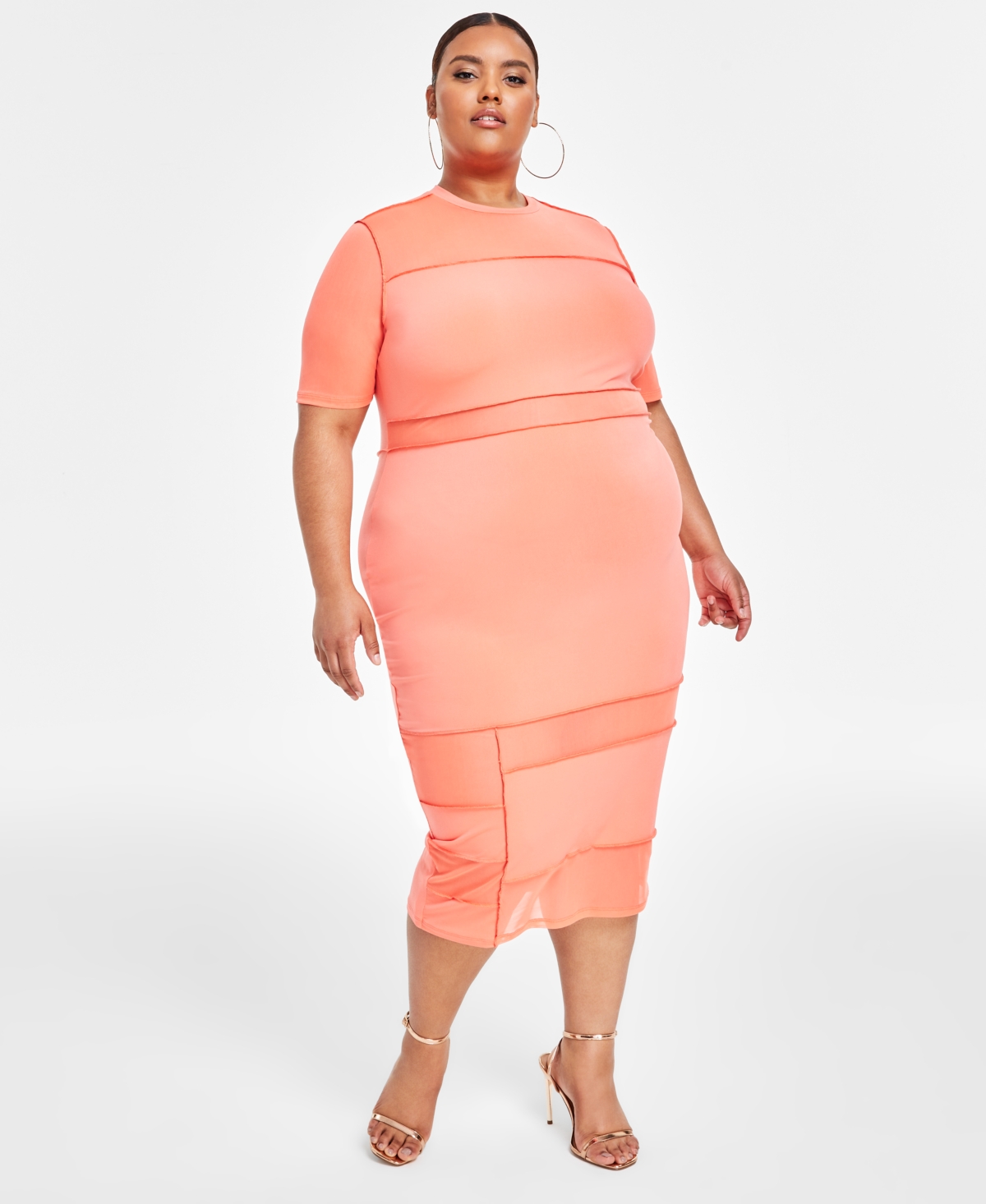 Nina Parker Trendy Plus Size Short-sleeve Midi Mesh Dress In Living Coral
