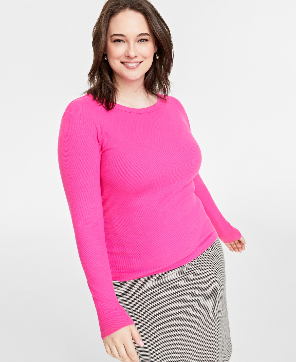 ON 34TH PLUS SIZE RIBBED LONG-SLEEVE T-SHIRT, CREATED FOR MACY'S