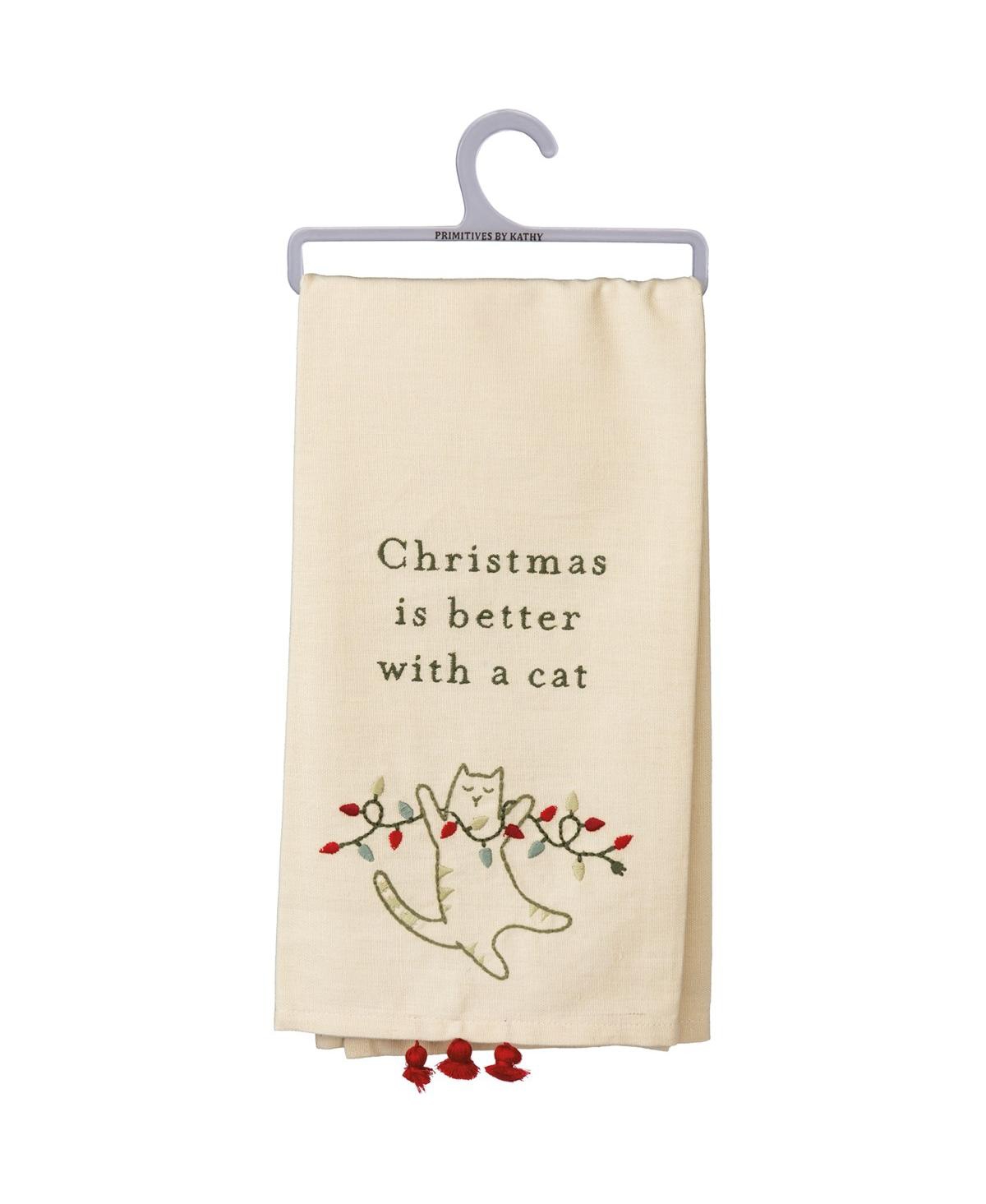 Primitives By Kathy Dish Towel Christmas Is Better With A Cat In Red And White