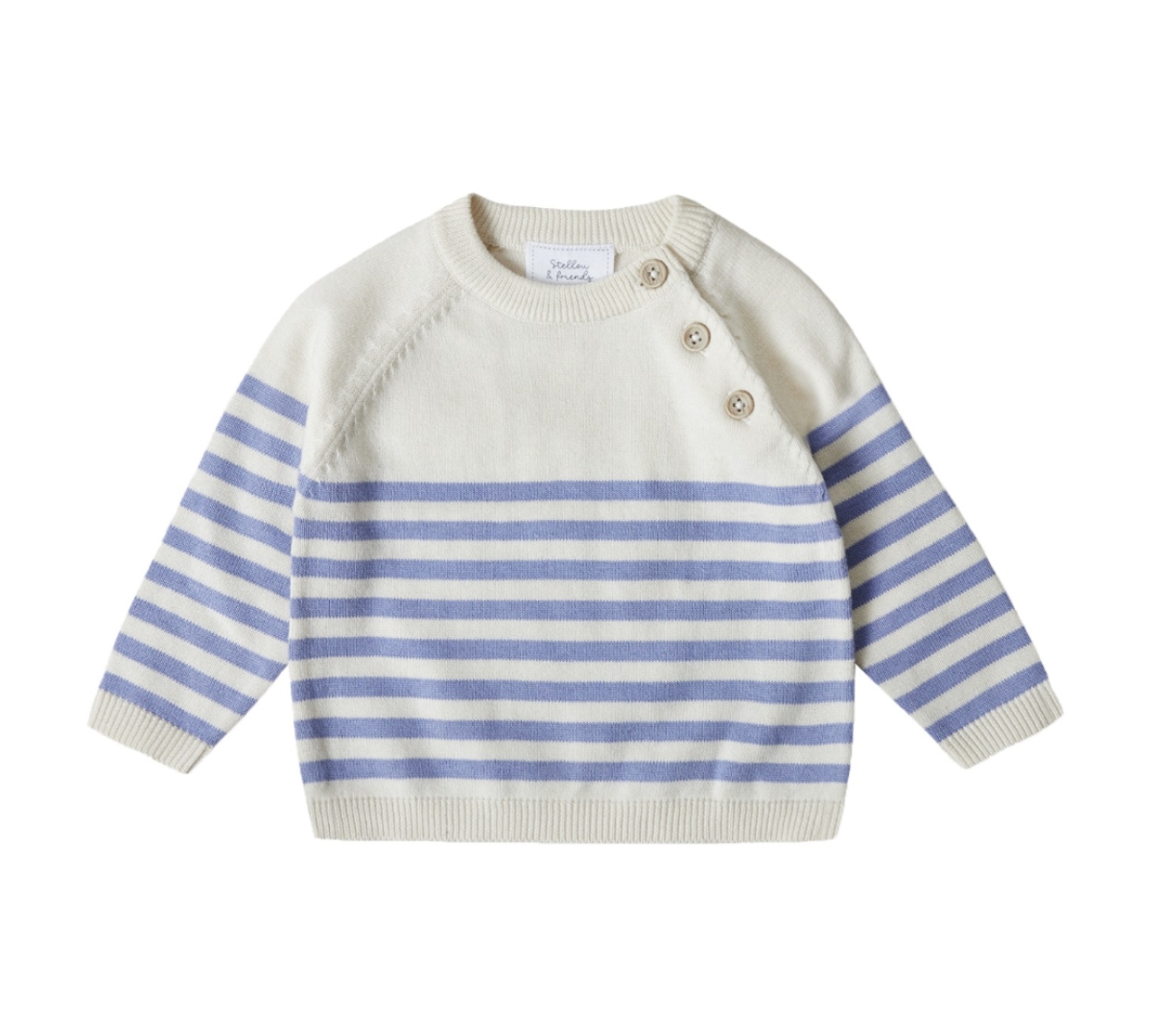 Stellou & Friends Toddler 100% Cotton Knit Striped Long Sleeve Sweater with Shoulder Button Closure -/ periwinkle stripes
