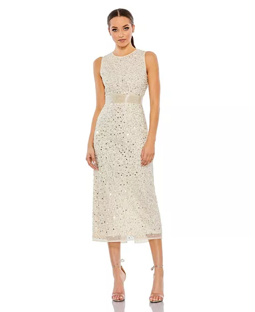 women's geometric embellished sleeveless midi dress