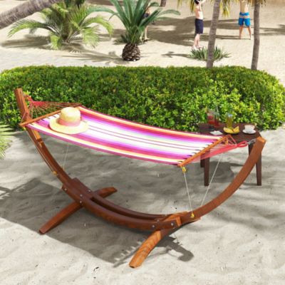Wooden Curved Arc Hammock Stand with Cotton Hammock Outdoor Patio Swing Multicolor