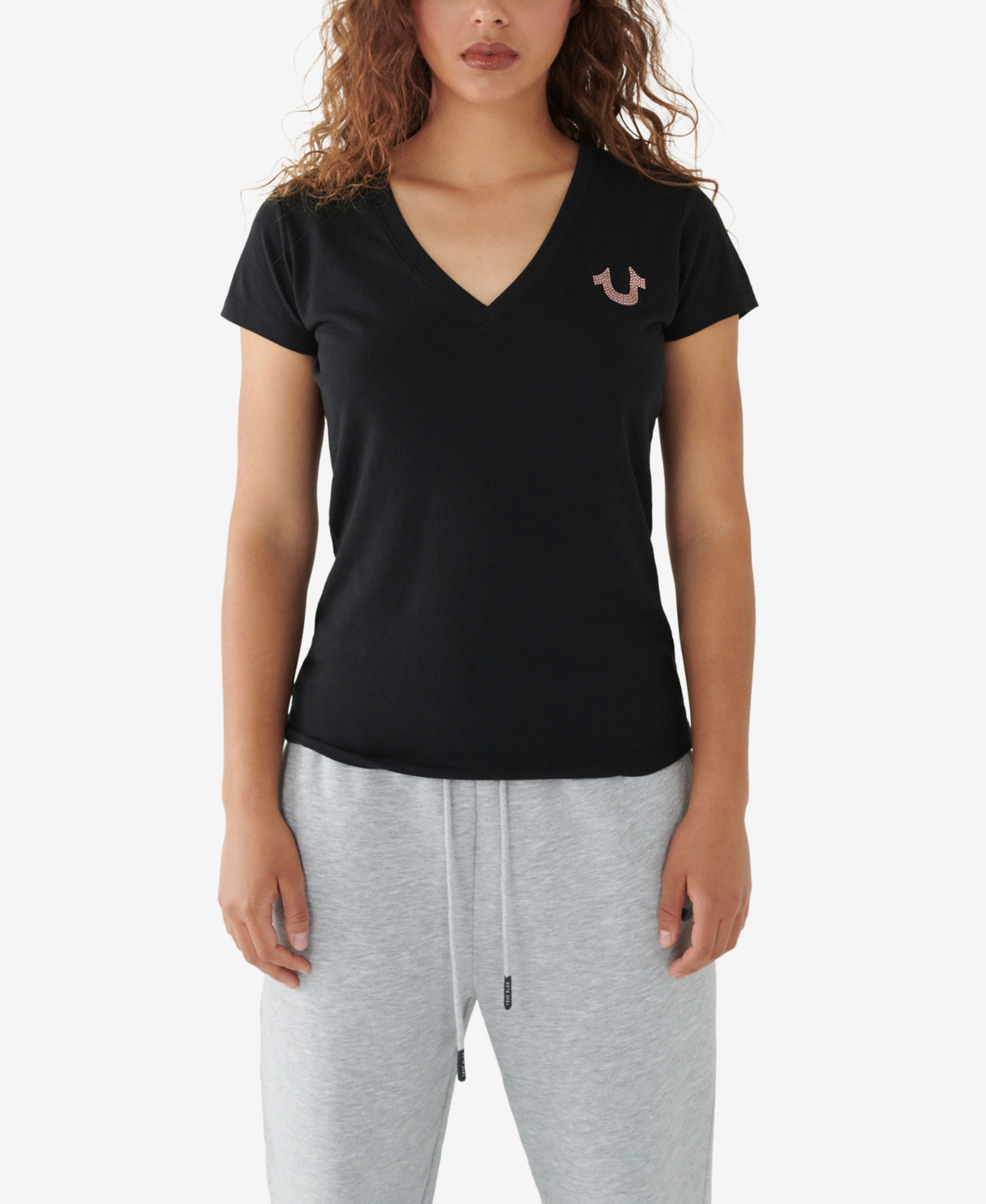 True Religion Women's Short Sleeve Arched Logo Slim V-neck T-shirt In Jet Black