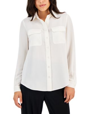 AK Anne Klein - Petite Long-Sleeve Houndstooth Utility Blouse