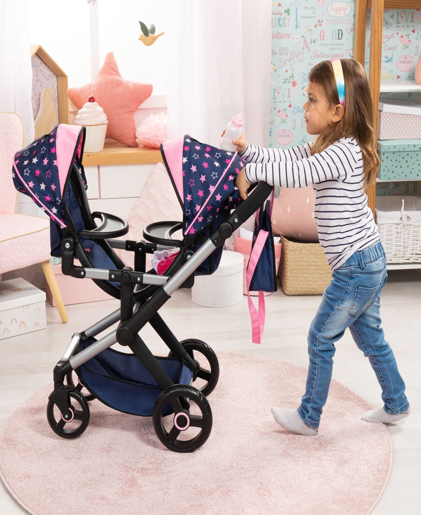 Детские аксессуары для кукол Bayer Design Dolls: Xeo Twin Pram - Stars, цвет: Синий / Розовый — фото 6