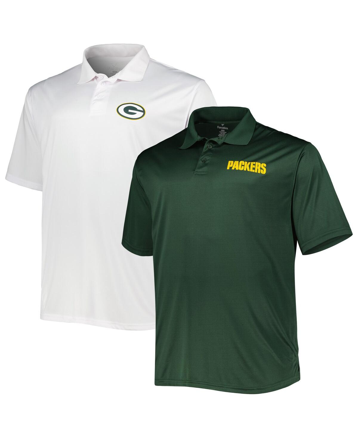 Shop Fanatics Men's  Green And White Green Bay Packers Big And Tall Solid Two-pack Polo Shirt Set In Green,white
