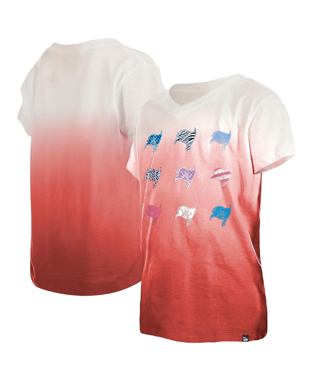 Big Girls New EraTampa Bay Buccaneers Multi Logo Ombre V-Neck T-shirt - Red