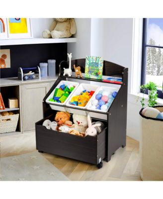 Kids Wooden Toy Storage Unit Organizer w/Rolling Toy Box & Plastic Bins