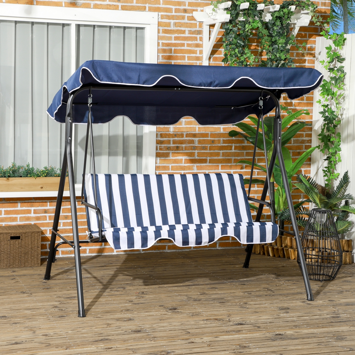 Outsunny 3-Seat Outdoor Patio Swing Chair with Removable Cushion, Steel Frame Stand and Adjustable Tilt Canopy for Patio, Garden, Poolside, Balcony, B