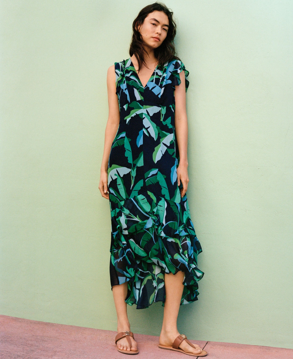 Shop Tommy Hilfiger Women's Printed Flutter-sleeve Ruffled High-low Midi Dress In Skycpt,prd