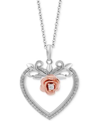 Enchanted Disney Fine Jewelry - Diamond Belle Rose & Heart Pendant Necklace (1/6 ct. t.w.) in Sterling Silver & 14K Rose Gold-Plate, 16" + 2" extender