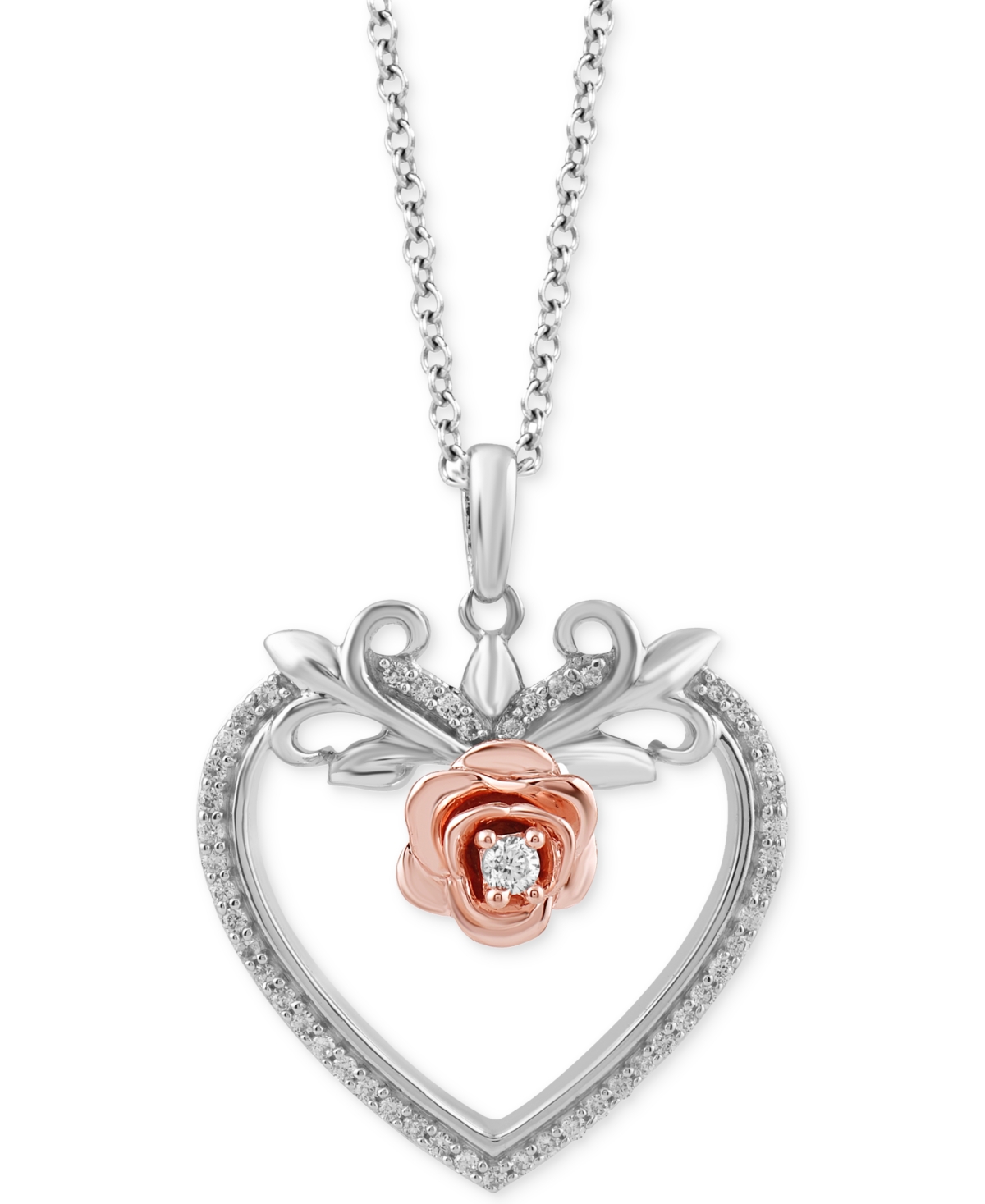 Diamond Belle Rose & Heart Pendant Necklace (1/6 ct. t.w.) in Sterling Silver & 14K Rose Gold-Plate, 16" + 2" extender -