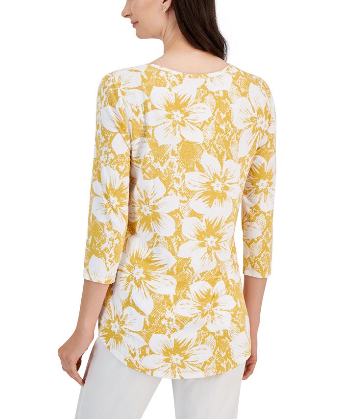 Jm Collection Womens Floral Scoop Neck Top Gold Size X Small