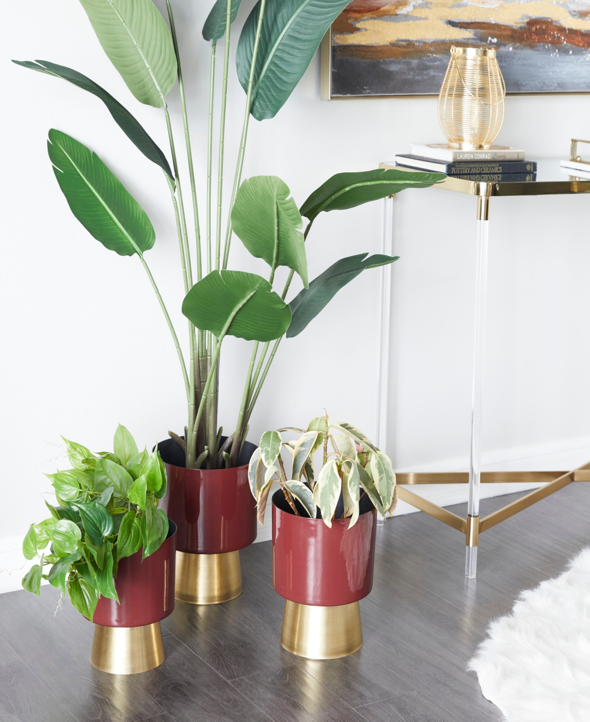 Metal Planter with Gold-Tone Base Set of 3 - Red
