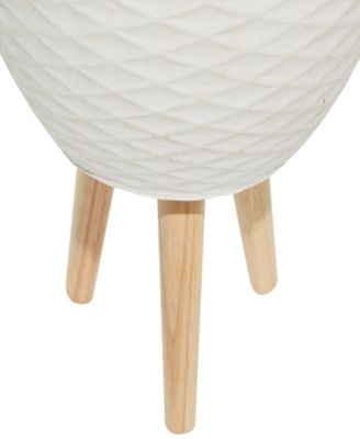 White Ceramic Indoor Outdoor Planter with Wood Legs Set of 2