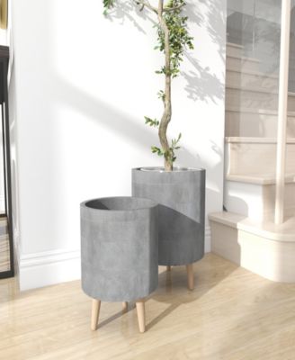 Gray Ceramic Indoor Outdoor Planter with Wood Legs Set of 2 