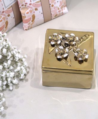 Square Decorative Box with Flower Design on the Lid, 4" L