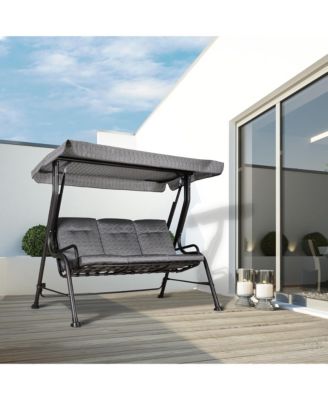 Outdoor Patio Porch Swing Bench with Included Adjustable Shade Awning & Comfort Padded Seating for Three People, Black