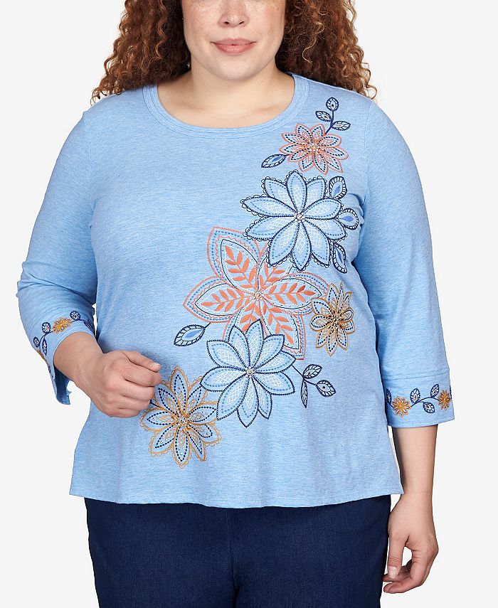 Alfred Dunner Plus Size Moody Blues Floral Embroidery Flutter Sleeve ...