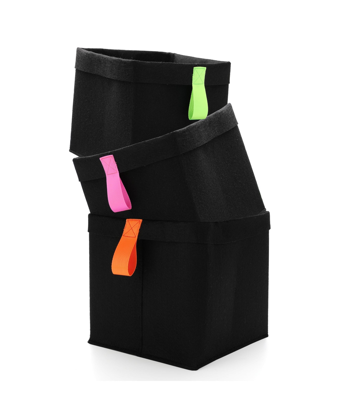 3 Piece Collapsible Square Storage Bins with Assorted Colored Handles - Black