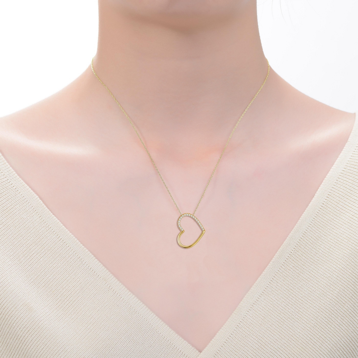 Genevive Sterling Silver 14kPlated with Cubic Zirconia Heart Pendant Necklace - Gold