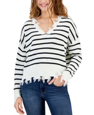 Just Polly - Juniors' Drop-Shoulder Distressed-Edge Sweater