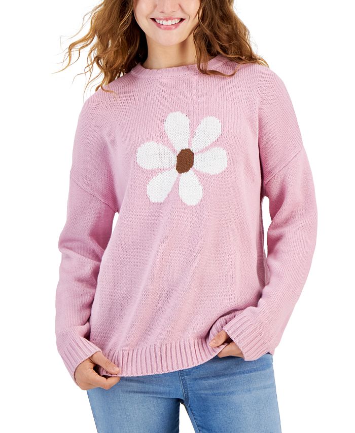 Just Polly Juniors' Daisy Graphic Ribbed-Edge Sweater - Macy's