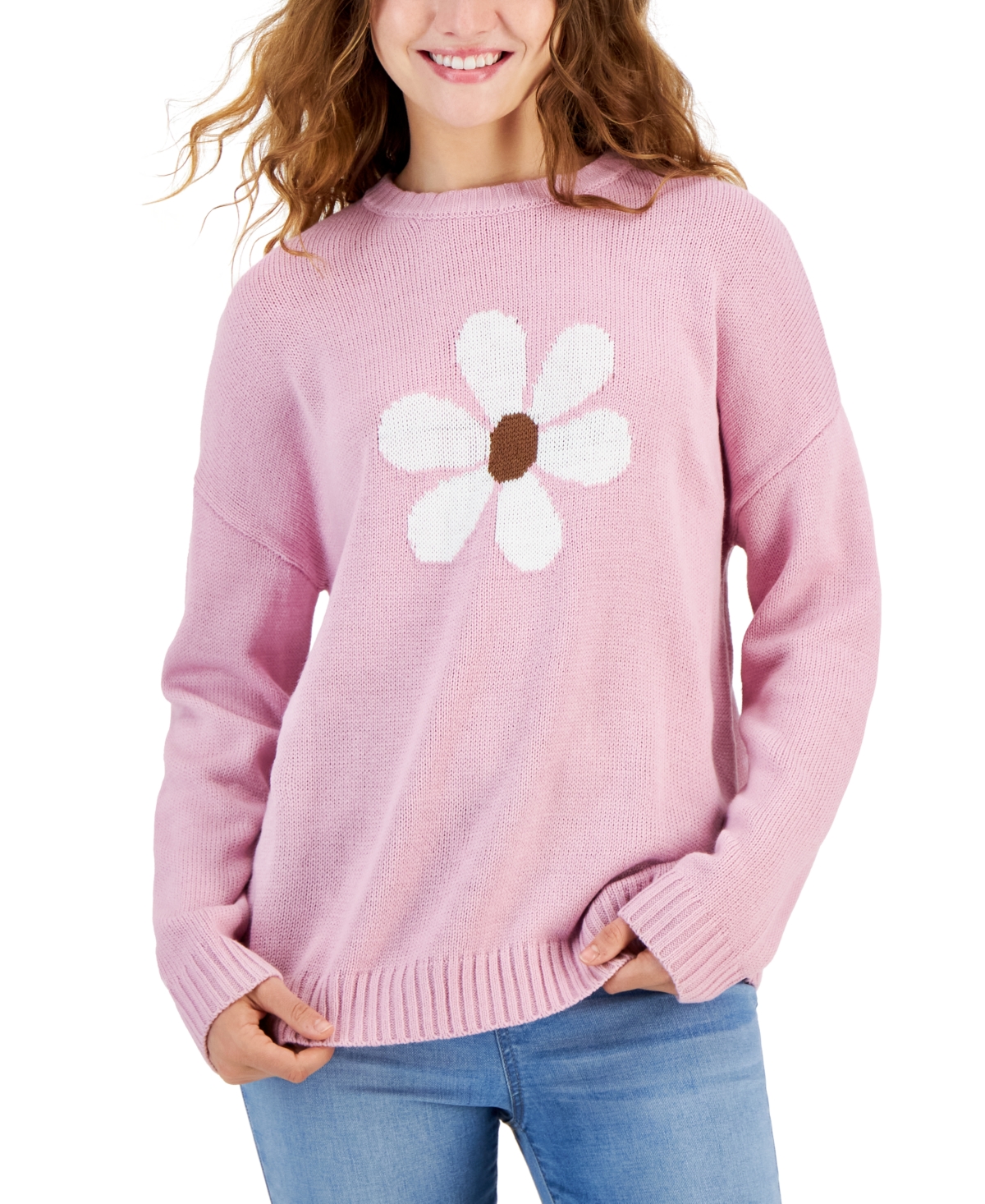Juniors' Daisy Graphic Ribbed-Edge Sweater - Mauve Daisy