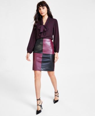 Bar III - Women's Faux-Leather Colorblocked Seamed Skirt