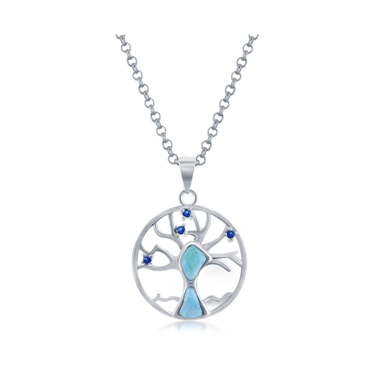 Sterling Silver Larimar & Cz Tree of Life Necklace - Blue