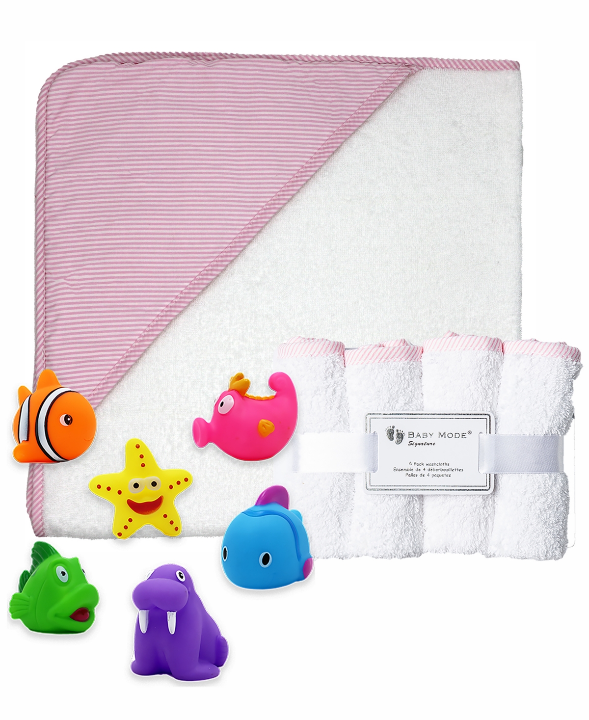 Baby Mode Signature Baby Girls Towel, Washcloth, And Toys, 9 Piece Set In Pink