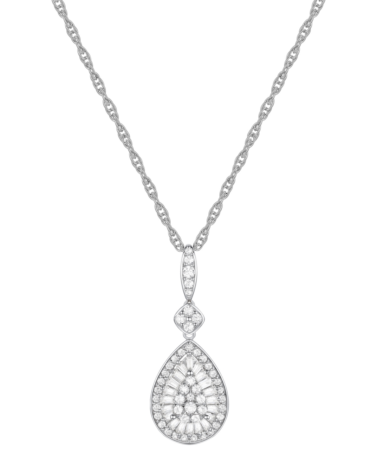 Macy's Diamond Round & Baguette Teardrop Cluster 18" Pendant Necklace (1/2 Ct. T.w.) In Sterling Silver