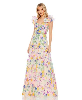 sachin and babi light blue dress BHLDN Floral Chiffon Plunge Long-Sleeve Ruffle Maxi Dress main image 0
