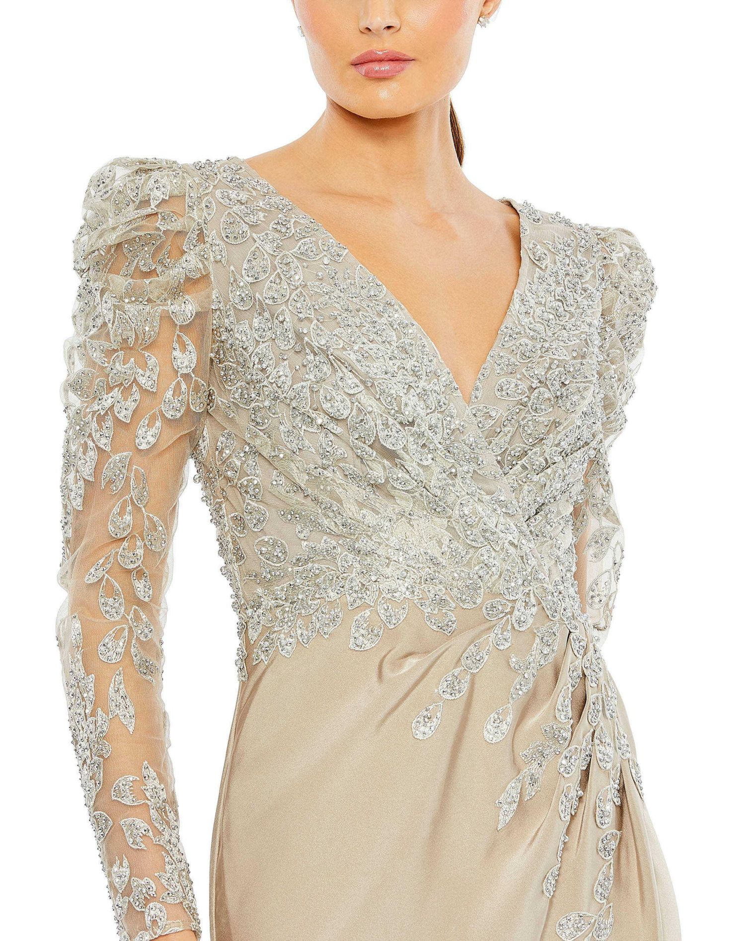 Women's Embellished Faux Wrap Illusion Puff Sleeve Gown