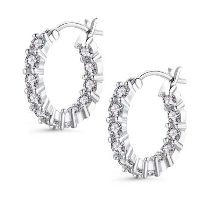 Sterling Silver White Gold Plated Cubic Zirconia Inside-Out Round Chunky Hoop Earrings