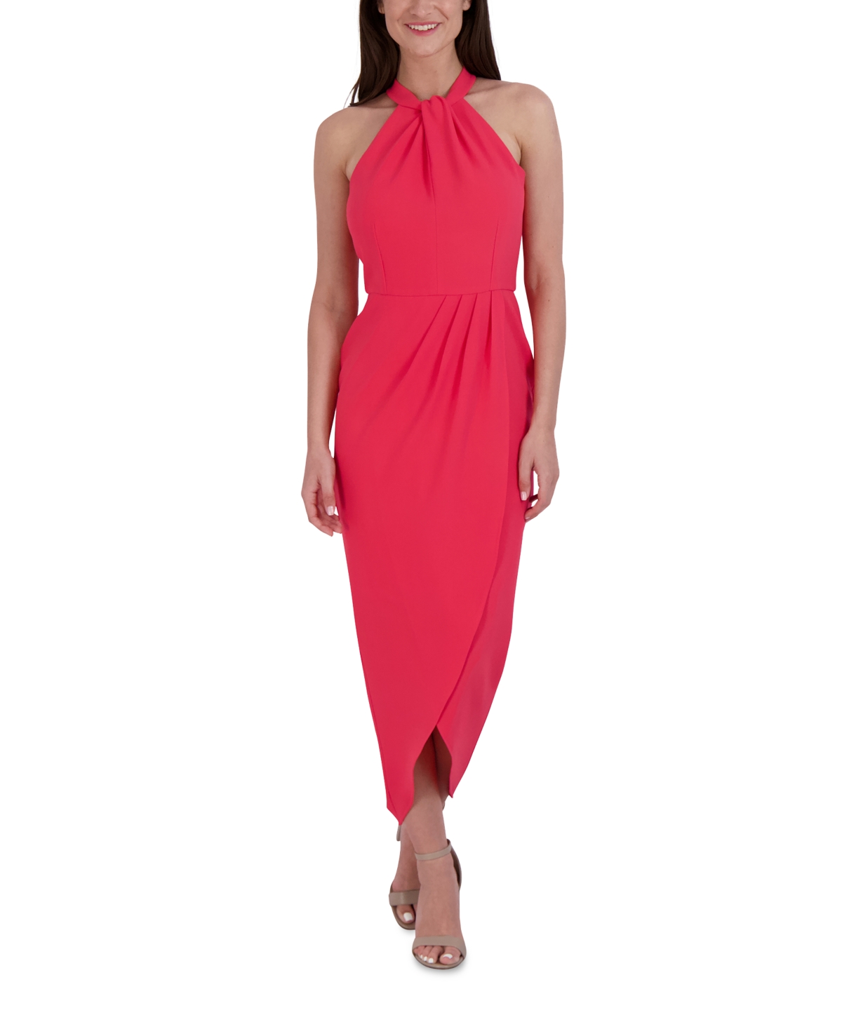 Julia Jordan Knot-neck Tulip-hem Midi Dress In Coral