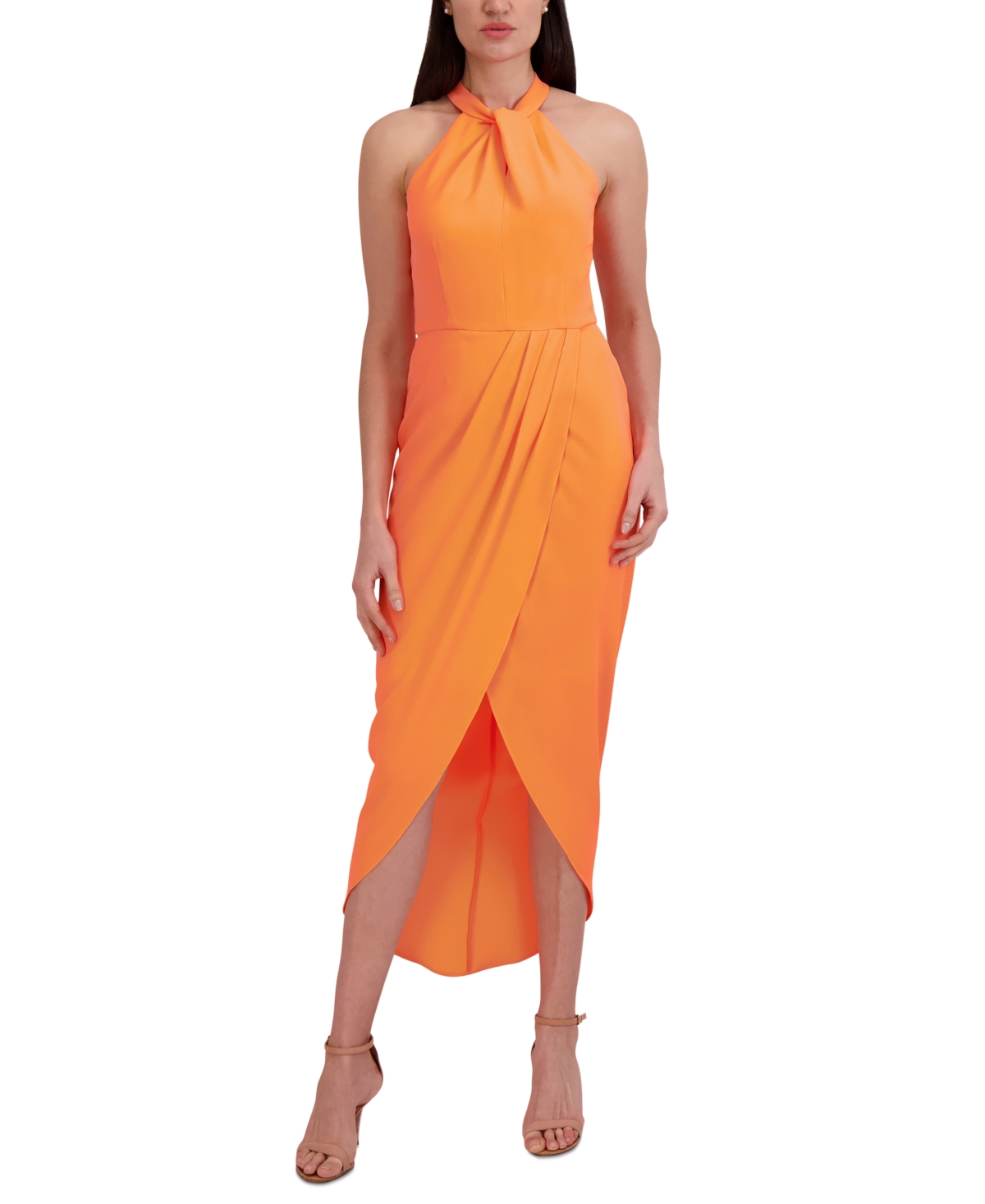 Shop Julia Jordan Knot-neck Tulip-hem Midi Dress In Neon Orange