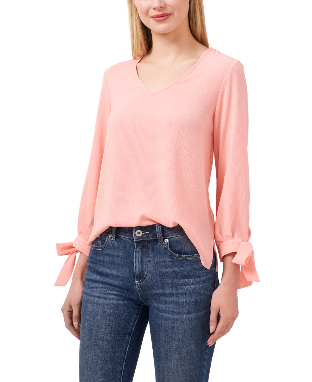 Cece Women's Long Sleeve Bow Tie-cuff V-neck Blouse In Soft Peach