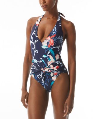 Carmen Marc Valvo - Women's Floral-Print V-Neck Halter One-Piece Swimsuit
