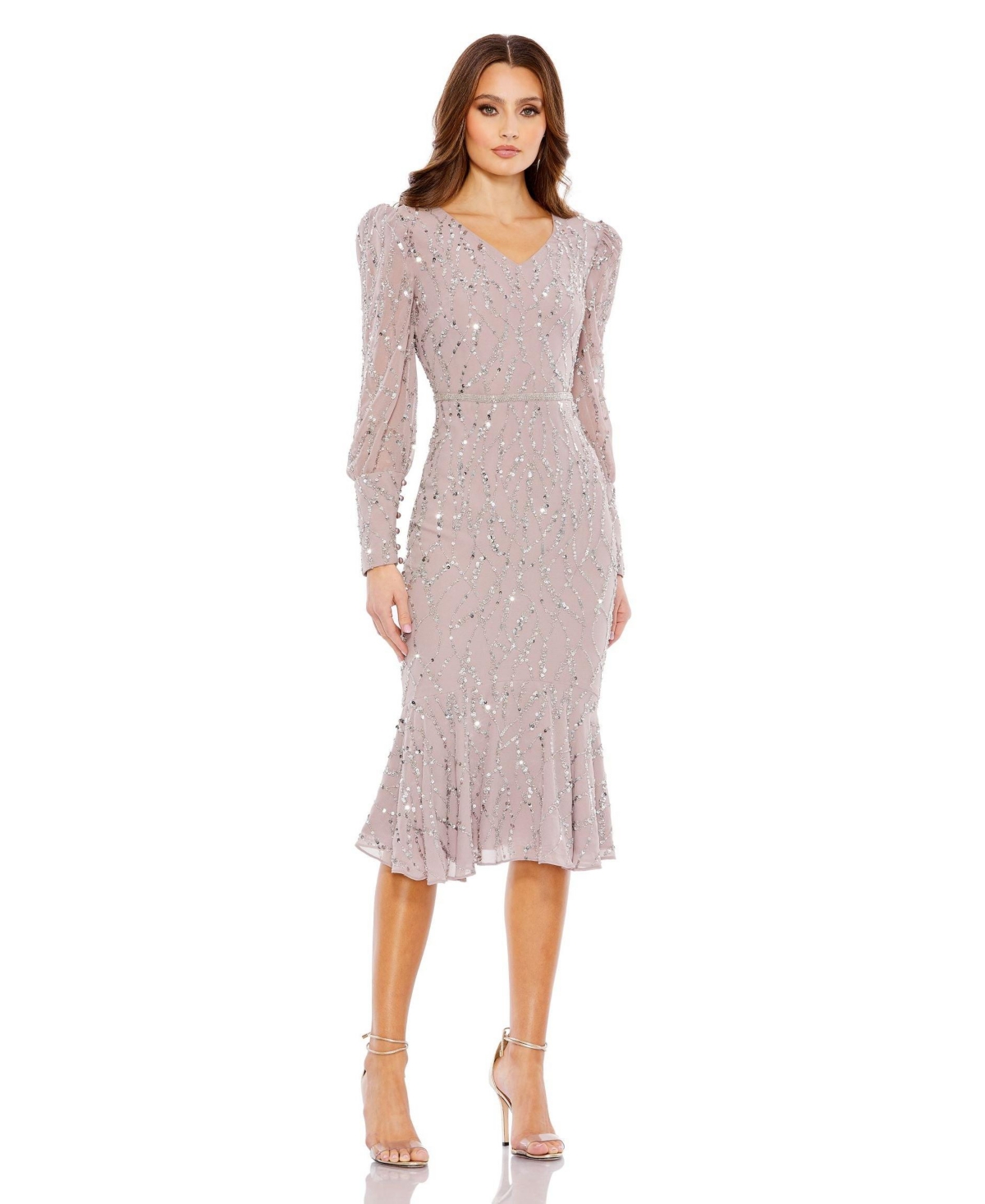 Mac Duggal Sequined V Neck Illusion Long Sleeve Trumpet Dress In Vintage Lilac