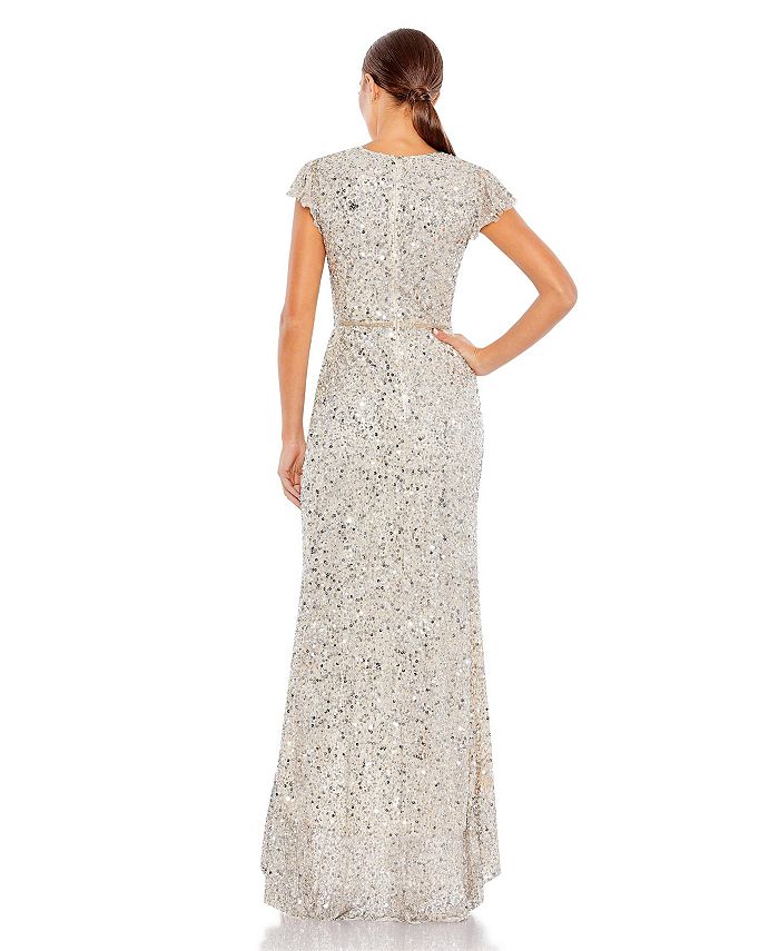 Mac Duggal Women's Sequined Faux Wrap Ruffle Cap Sleeve Gown - Macy's