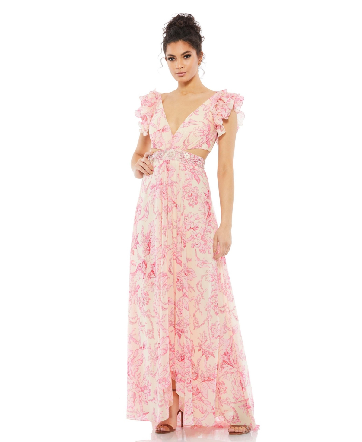 Mac Duggal Floral Print Cutout Chiffon Gown In Pink Multi
