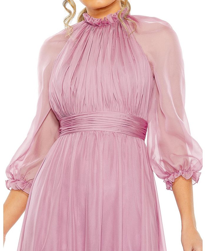 Mac Duggal Women's Chiffon Ruched Illusion Raglan Sleeve Ruffled Gown - Macy's