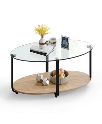 Glass-Top Coffee Table 2-Tier Modern Oval Side Sofa Table w/ Storage Shelf